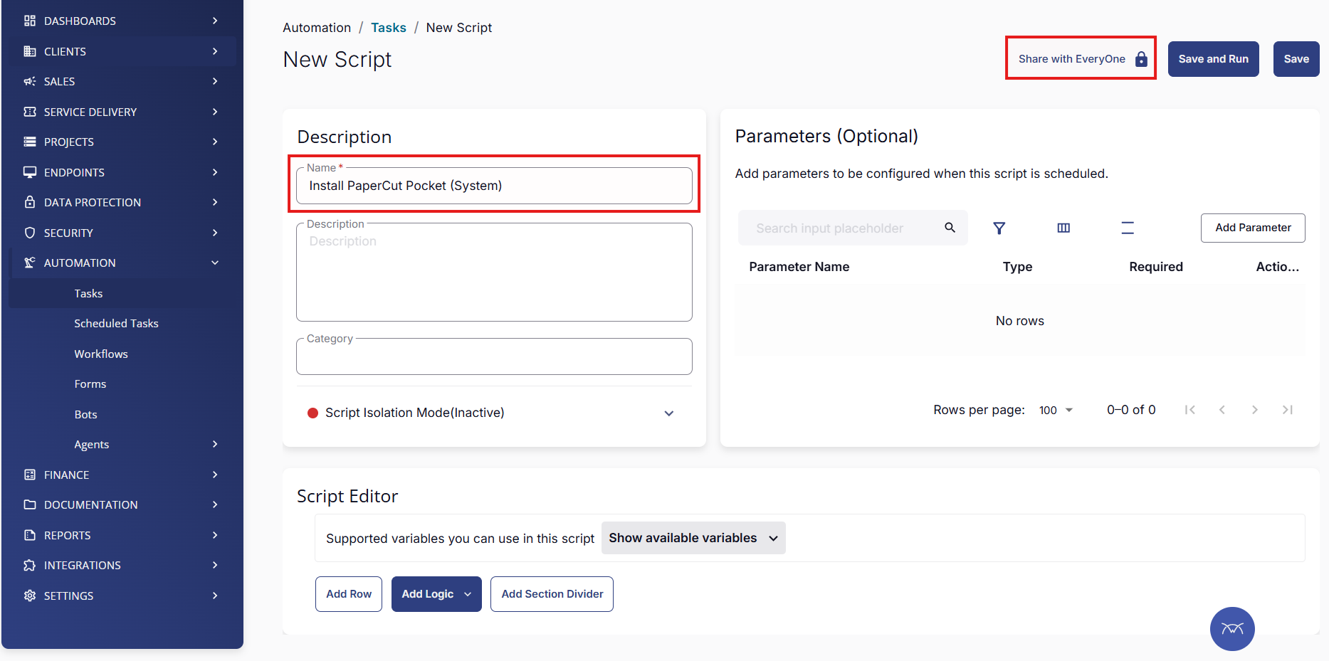Creating the Script in the Automation